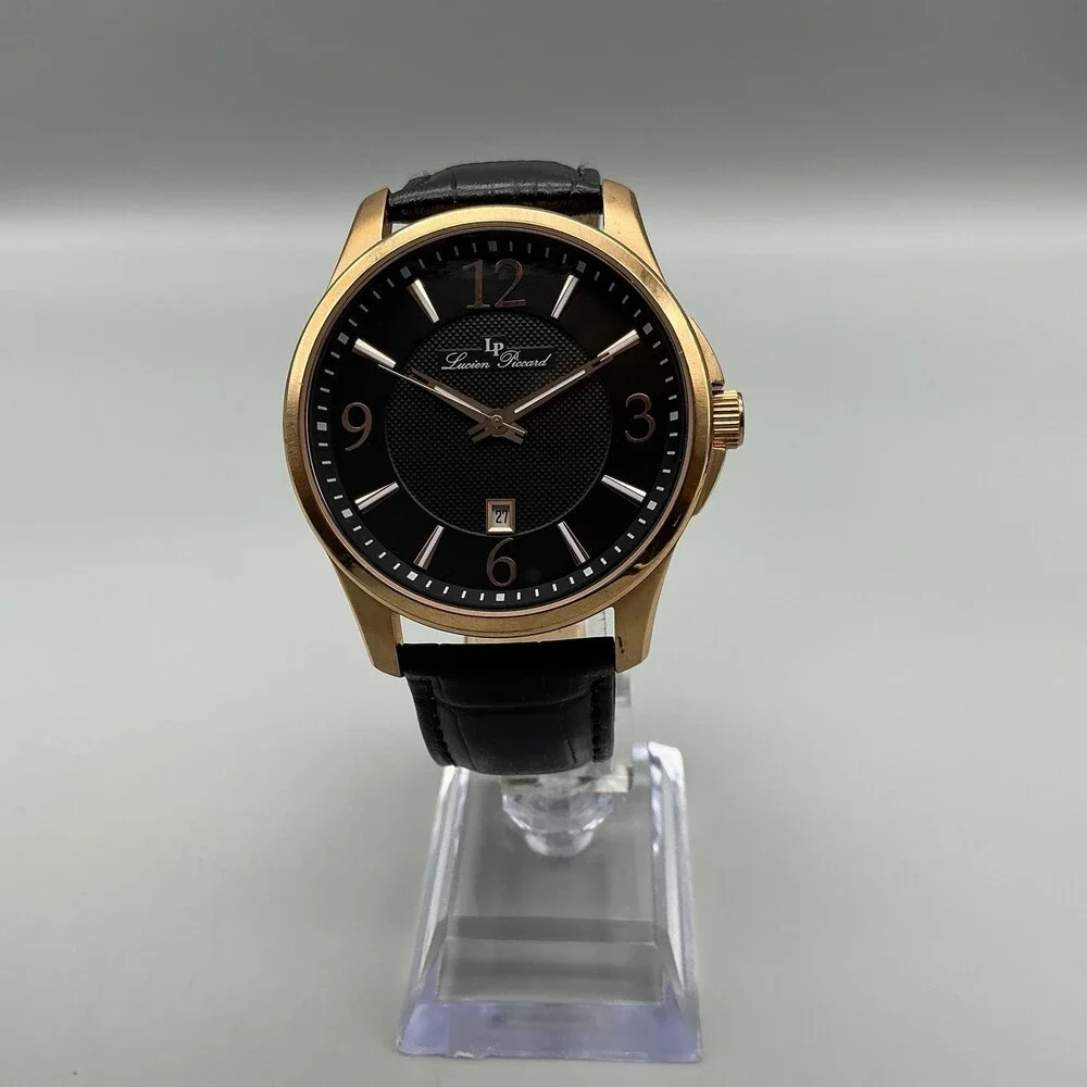 Lucien Piccard Mens Watch 42mm Black Dial Rose Gold Tone Date New Battery
